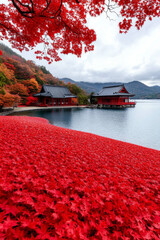 Poster - Vivid red and orange leaves blanket a serene park in Japan during the breathtaking Koyo season 