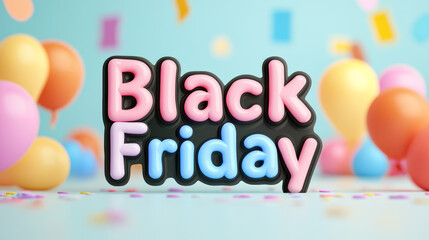 Sticker - Whimsical Black Friday text in pastel colors on a light background with abstract confetti shapes and swirls 