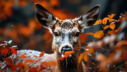 Red deer hind gracefully munching on lush tree leaves in the wild