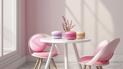 Elegant pastel-themed interior featuring pink chairs and a white round table with colorful macarons. Soft lighting and clean lines create a serene, inviting atmosphere.