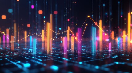 Poster - Colorful 3D bar graph on a dark background with glowing data lines connecting the bars, representing progress and statistical growth.