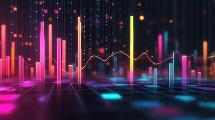 Poster - Colorful 3D bar graph on a dark background with glowing data lines connecting the bars, representing progress and statistical growth.