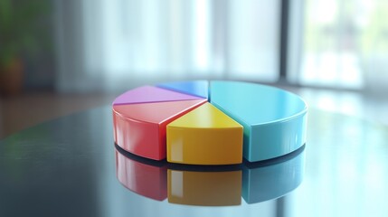 Poster - Colorful 3D pie chart with rotating segments, placed on a reflective surface. Representing market share or company division.