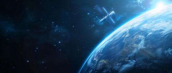 Wall Mural -  An artist's depiction of a space station over Earth, starred night sky in background