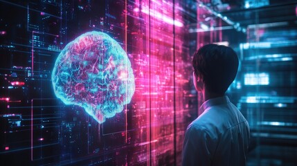 Conceptual image of a person looking at a digital screen with a holographic brain, illustrating innovative thinking and creativity.