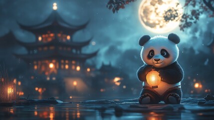 cartoon panda on Chinese background with copy space