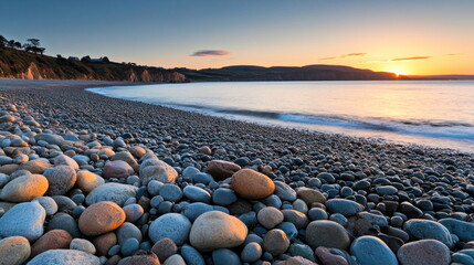 Poster - Golden hues paint the sky as the sun dips below the horizon, casting long shadows across the sandy beach