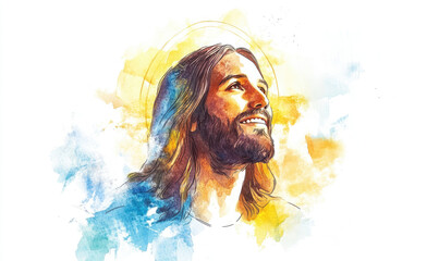 Wall Mural - A watercolor painting of Jesus with a halo, featuring soft colors and a beautiful composition