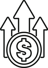 Poster - line art illustration of a dollar coin increasing in value, with three up arrows