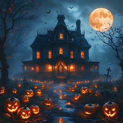 Spooky Halloween night with glowing lanterns near a haunted house.