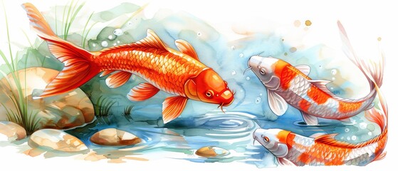  Two koi fish, one orange and one white, swim in a pond filled with clear water Rocks, grass, and pebbles line the pond's edge