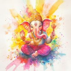 Watercolor painting of Lord Ganesha, Hindu deity of wisdom, prosperity and good fortune, against a colorful background.