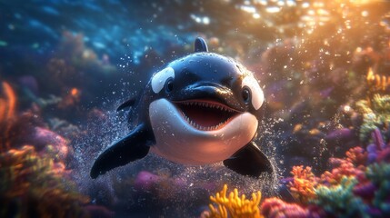 Smiling Orca in a Coral Reef