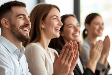 Poster - Applause in front of an audience and clapping for good news or accomplishments during a business meeting. Celebration or support of colleagues for good news or achievements.