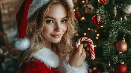 Smiling Woman in Santa Hat Holding Candy Cane by Christmas Tree