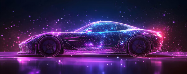 Wall Mural - Abstract Illustration of Sports Car with Neon Glow, Polygon Mesh Design