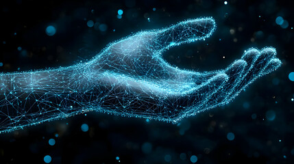 Wall Mural - Abstract 3D Illustration of a Networked Hand Reaching Out on a Dark Blue Background