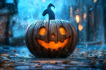 Carved halloween pumpkin glowing on a spooky cobblestone street at night with fog