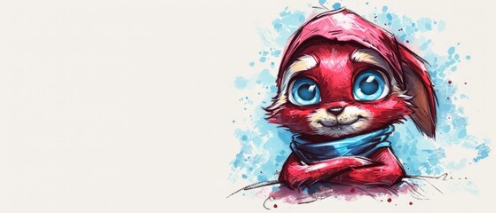 Wall Mural -  A red dog with blue eyes wears a red hoodie, seated before a white backdrop