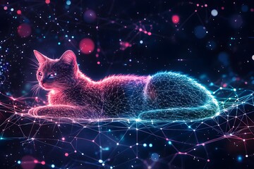 Poster - A cat is laying on a web of lines and dots