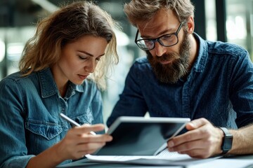 The manager shows the work plan with a tab while helping the employee. Busy colleagues work in their offices talking on a digital tablet. Smiling professional partners have a conversation at a