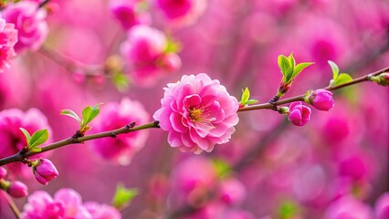 Wall Mural - Close-up of a vibrant pink flower on a twig with blurred pink blooms in the background