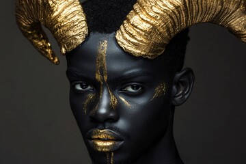 Stylish model posing in studio with black and gold makeup and golden horns, exuding luxury and glamour. Unique and elegant beauty shoot blending art and elegance