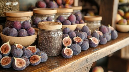 A jar of fig spice sits prominently on a spice rack filled with fresh figs and wooden bowls