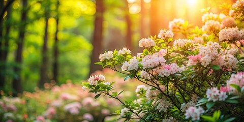 Wall Mural - Close-up shot of a blooming bush in a sunlit forest backdrop