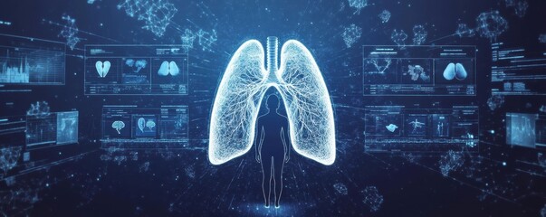 Poster - 3D hologram of human lungs with medical icons and digital interface displaying advanced healthcare technology and respiratory diagnostics