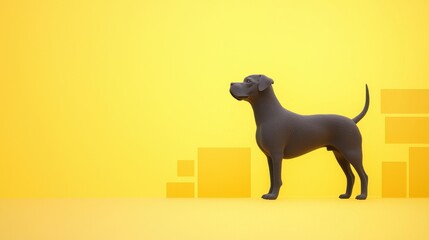 Minimalist 3D rendering of a black dog standing on a yellow background, modern and vibrant.