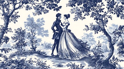 A romantic couple stands together in a blue and white floral garden, surrounded by blossoms and soft light.