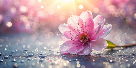 Wall Mural - Close-up of a pink blossom with dewdrops, surrounded by a hazy, illuminated glow