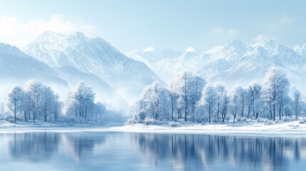 Wall Mural - Frosty trees in a winter landscape, mountains in the background, tranquil scene with ample copy space.