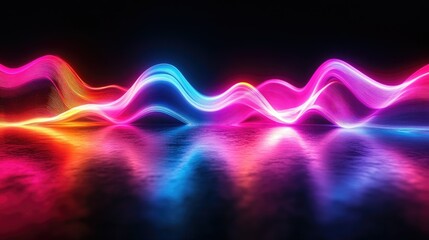 Fototapete - 3D neon wave in darkness with a bright, colorful reflection on a sleek floor, creating an impactful visual for backgrounds and wallpapers.