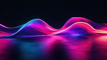 Fototapete - 3D neon wave in darkness with a bright, colorful reflection on a sleek floor, creating an impactful visual for backgrounds and wallpapers.