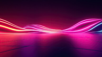 3D neon wave in darkness with a bright, colorful reflection on a sleek floor, creating an impactful visual for backgrounds and wallpapers.