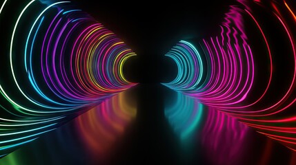 Fototapete - 3D neon wave in darkness with a bright, colorful reflection on a sleek floor, creating an impactful visual for backgrounds and wallpapers.