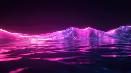Poster - 3D render of a neon wave glowing in the dark, reflecting on a glossy floor, perfect for backgrounds, covers, or wallpapers.