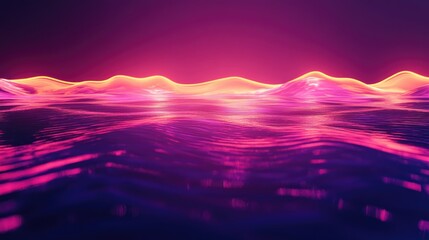 Poster - 3D render of a neon wave glowing in the dark, reflecting on a glossy floor, perfect for backgrounds, covers, or wallpapers.