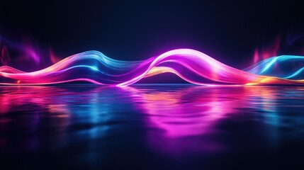 Fototapete - 3D render of a neon wave with luminous colors in a dark environment, with its reflection creating a dynamic effect on the floor.