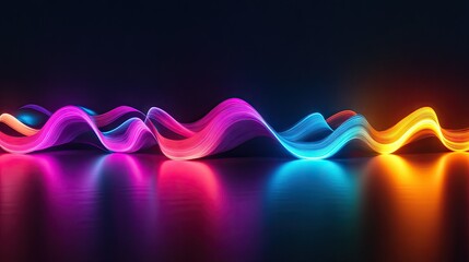 Fototapete - 3D render of a neon wave with luminous colors in a dark environment, with its reflection creating a dynamic effect on the floor.