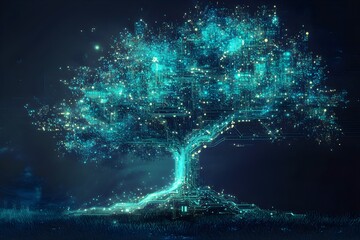 Poster - A tree made of computer chips is lit up in the dark