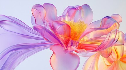 Poster - 3D surreal flower art with flowing, curved lines and transparent plastic in a combination of pink, purple, and yellow.