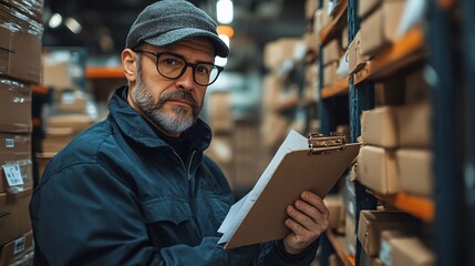 Stockroom supervisor in an industrial jumpsuit checks parcels and postal forms, clipboard in hand, in a mail sorting center.