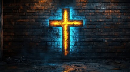 radiant neon cross electric blue glow dark shadowy background spiritual symbolism contemporary religious art