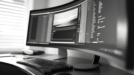 Website design in progress on a curved monitor, sleek user interface elements, cutting-edge web development.