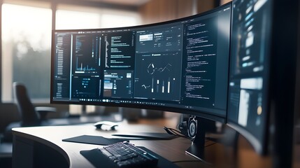 Website design in progress on a curved monitor, sleek user interface elements, cutting-edge web development.