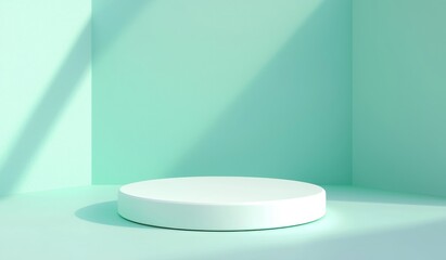 Poster - intricate geometric shapes interior in a pastel blue and white scene with podium and abstract backgr