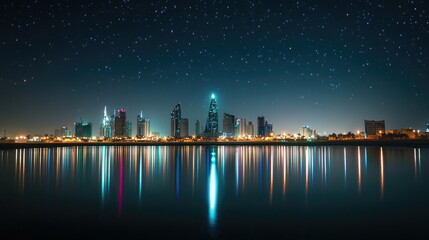 A night view of iconic skyline, with Bahrain Bay reflecting the bright city lights under a clear, starlit sky.